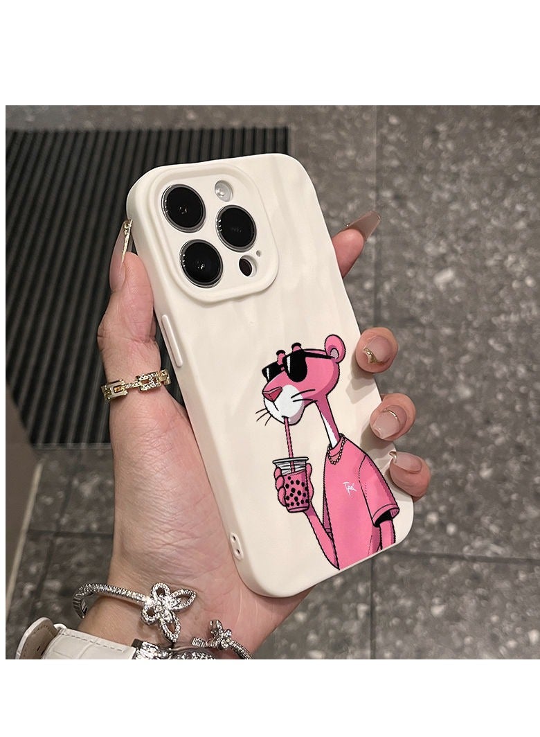 NIBEMINENT Drink Milk Tea Pink Panther Protective TPU Case Cover For IPhone 16, Antique White