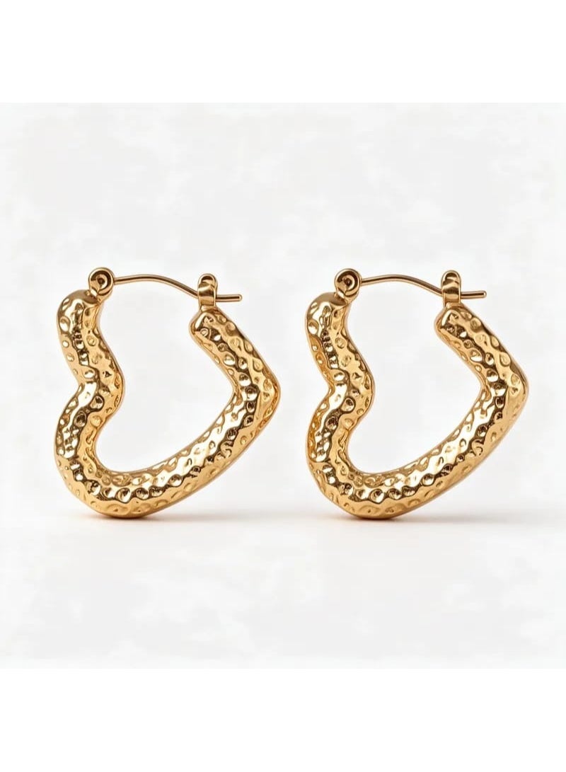 Luxuria Women's gold heart-shaped earrings with a hammered design and textured finish, similar to models made of gold-plated stainless steel jewelry for women. - Image 4