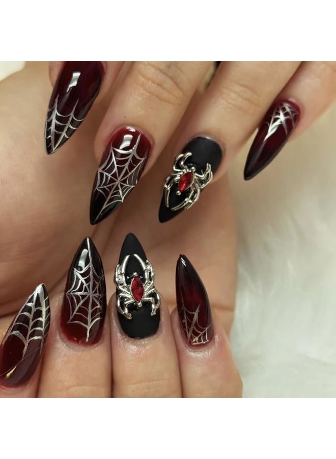 GRITOSE 24 Pcs Reusable Almond Press on Nails Halloween Fake Nails Medium False Nails with Spider Web & 3D Spider Design Stiletto Nails Goth Nails Press ons Full Cover Stick on Nails for Women Handmade Nails - Image 1