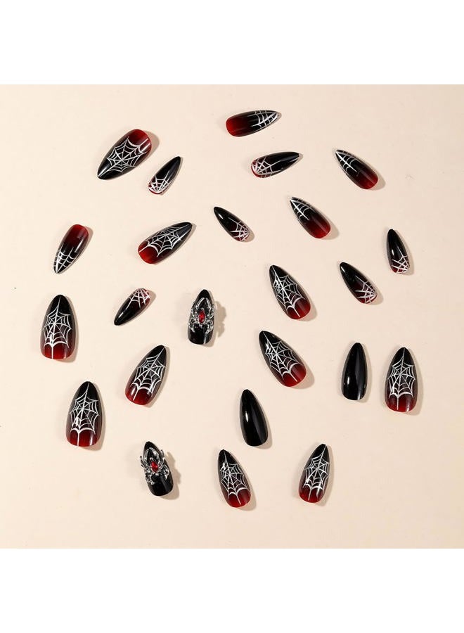 GRITOSE 24 Pcs Reusable Almond Press on Nails Halloween Fake Nails Medium False Nails with Spider Web & 3D Spider Design Stiletto Nails Goth Nails Press ons Full Cover Stick on Nails for Women Handmade Nails - Image 3