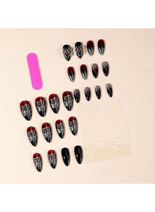 GRITOSE 24 Pcs Reusable Almond Press on Nails Halloween Fake Nails Medium False Nails with Spider Web & 3D Spider Design Stiletto Nails Goth Nails Press ons Full Cover Stick on Nails for Women Handmade Nails - Image 2