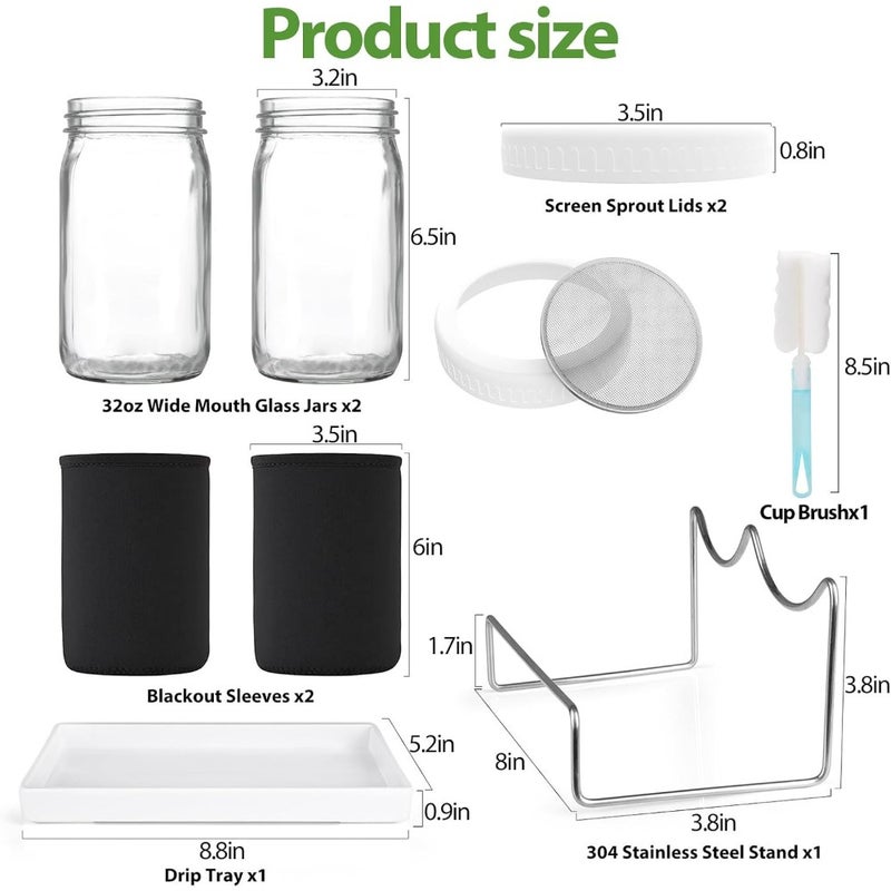 Sprouting Jars Complete Seed Sprouting Kit with 2 Large Jars, Sprout Lids, Blackout Sleeves, Drain Tray Stainless Steel Stand For Bean, Broccoli, Alfalfa Home Kitchen Use - Image 2
