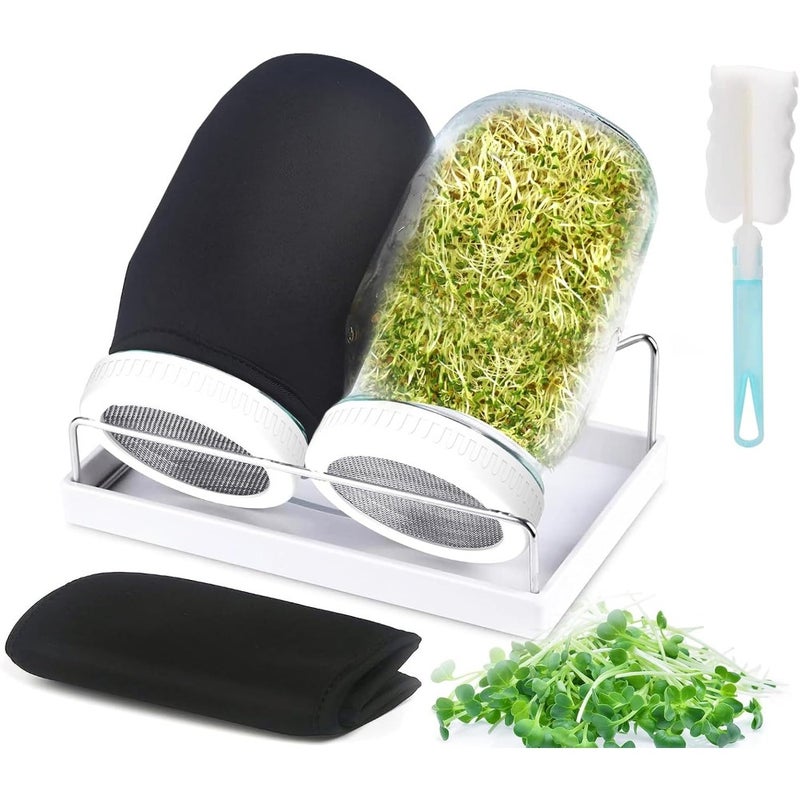 Sprouting Jars Complete Seed Sprouting Kit with 2 Large Jars, Sprout Lids, Blackout Sleeves, Drain Tray Stainless Steel Stand For Bean, Broccoli, Alfalfa Home Kitchen Use - Image 1