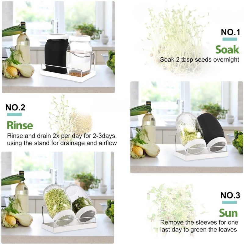 Sprouting Jars Complete Seed Sprouting Kit with 2 Large Jars, Sprout Lids, Blackout Sleeves, Drain Tray Stainless Steel Stand For Bean, Broccoli, Alfalfa Home Kitchen Use - Image 5