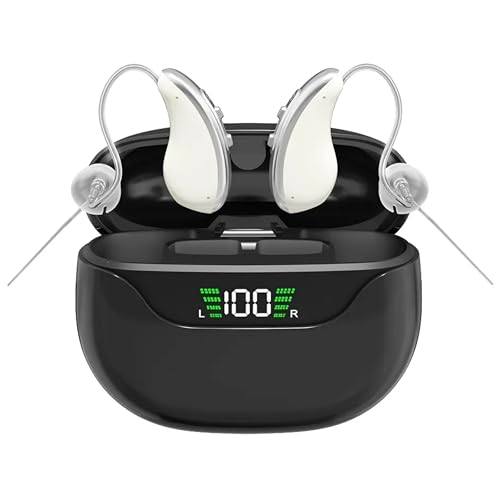 Aika Digital BTE Hearing Aid – Rechargeable, Noise Reduction, Super Clear Sound, 3 Modes, Digital Display Case, Compact & Lightweight (White-Black) - Image 1