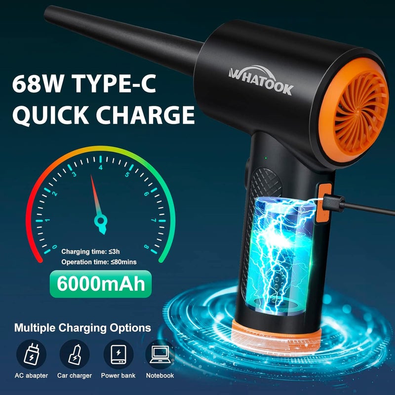WHATOOK Compressed Air Blower, Powerful Electric Dusters, Compressed Air Duster, 6000mAh Battery Electric Air Duster for PC Duster for Cleaning PC, Home for Pets Low wear optimized design - Image 2