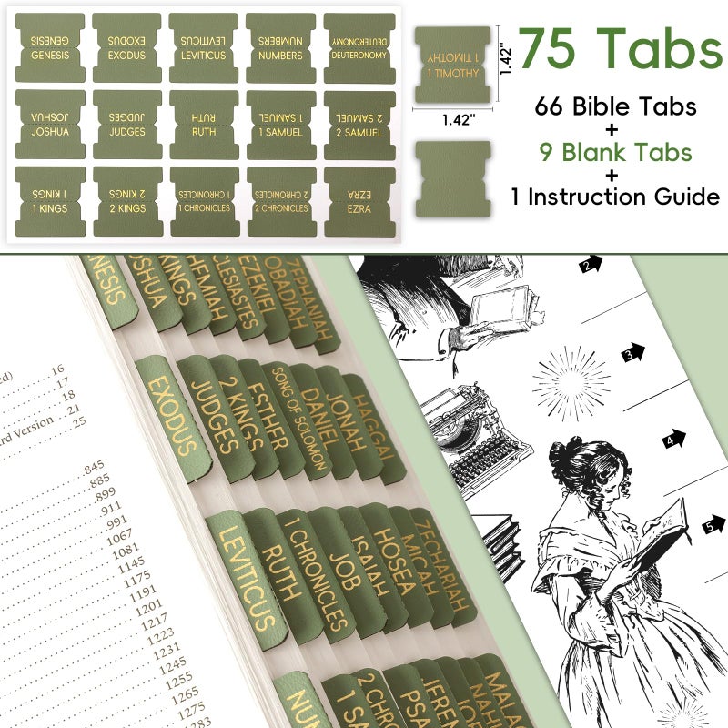 XKDOUS Leather Sage Green Bible Tabs, Laminated Large Print Gold Foil Bible Tabs for Women Men, 75 Bible Chapter Tabs, Bible Index Tabs, Bible Book Tabs (Sage Green) - Image 2