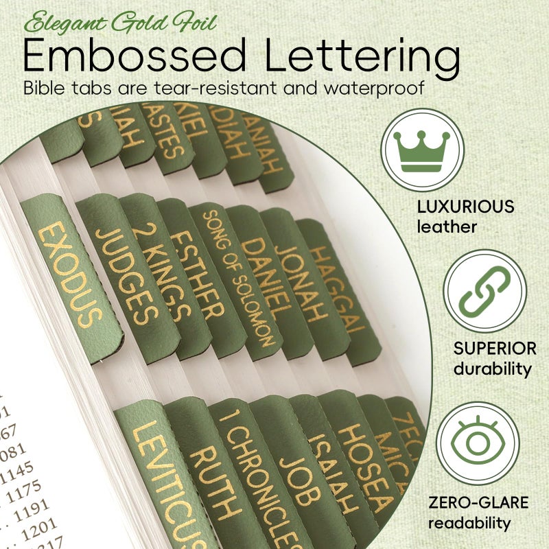 XKDOUS Leather Sage Green Bible Tabs, Laminated Large Print Gold Foil Bible Tabs for Women Men, 75 Bible Chapter Tabs, Bible Index Tabs, Bible Book Tabs (Sage Green) - Image 3