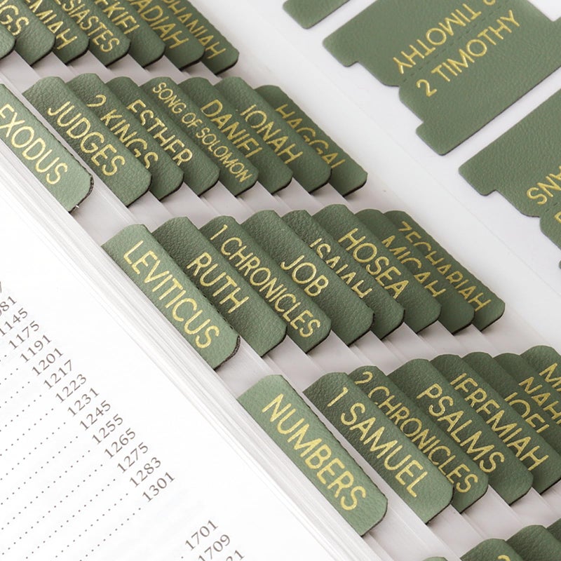 XKDOUS Leather Sage Green Bible Tabs, Laminated Large Print Gold Foil Bible Tabs for Women Men, 75 Bible Chapter Tabs, Bible Index Tabs, Bible Book Tabs (Sage Green) - Image 1
