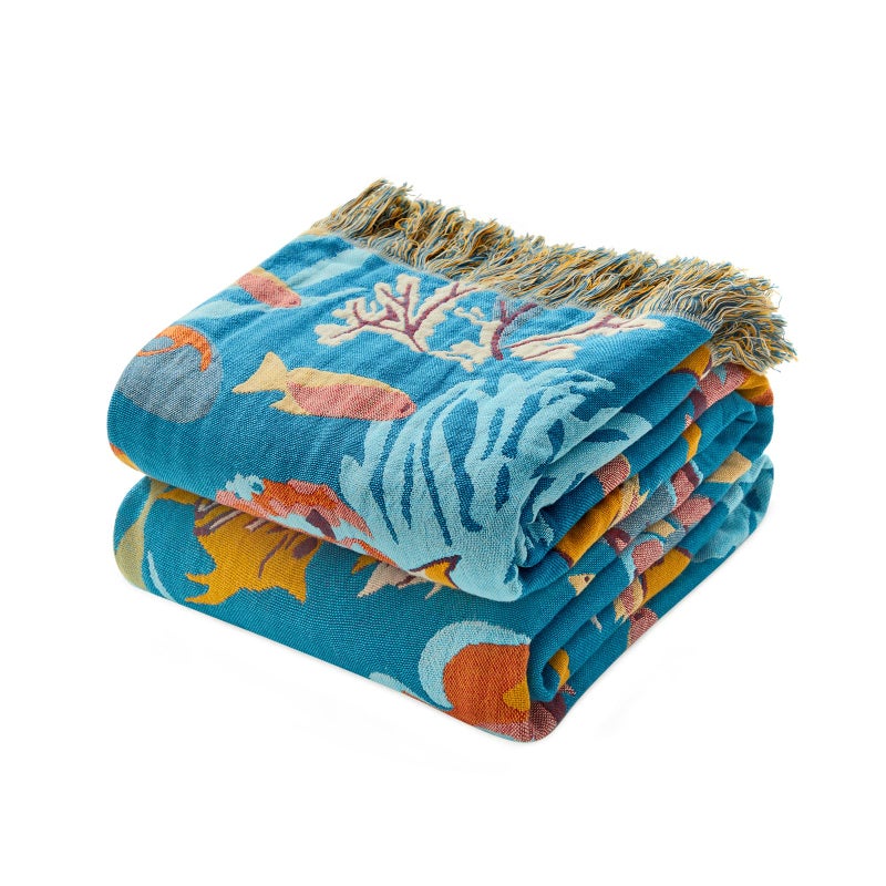 LUTBM Throw Blanket for Couch Sofa 100 Cotton Blankets for Bedroom Living Room Summer Soft All Season Reversible Underwater Ocean Life Embroidery Throws Coastal Home Decor 50x60 - Image 2
