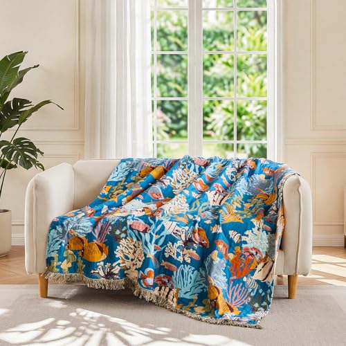 LUTBM Throw Blanket for Couch Sofa 100 Cotton Blankets for Bedroom Living Room Summer Soft All Season Reversible Underwater Ocean Life Embroidery Throws Coastal Home Decor 50x60 - Image 3