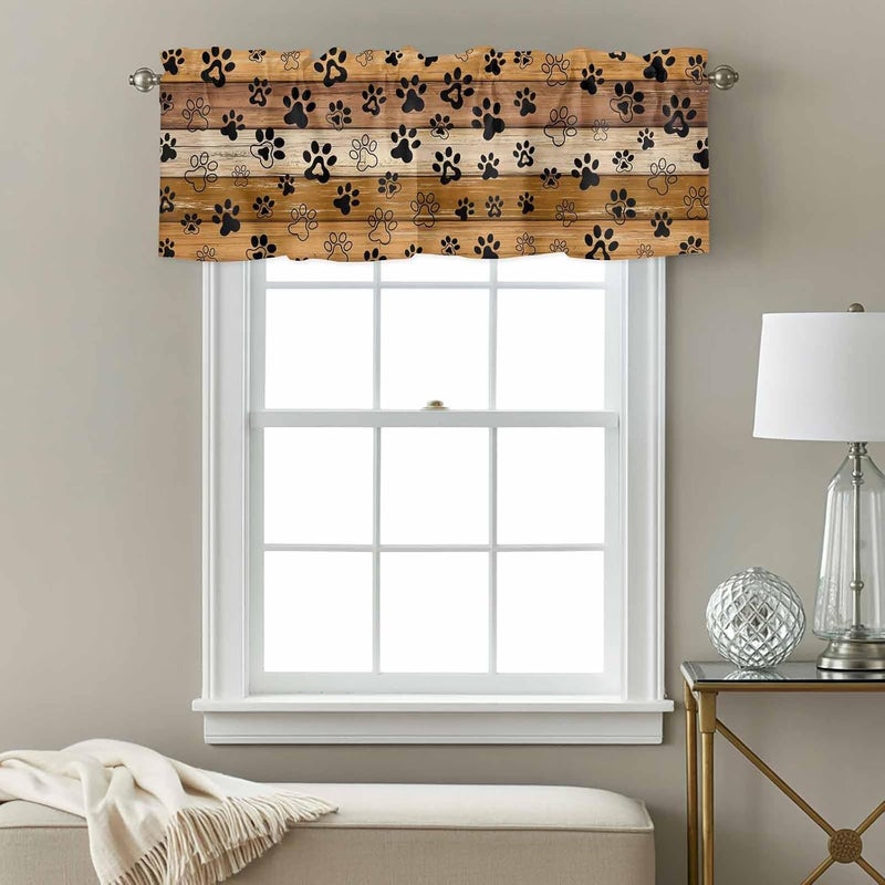 Yellow Brown Valances for Windows, Short Curtains for Kitchen/Bathroom, Farmhouse Dog Paw Vintage Rod Pocket Window Treatment for Living Room/Doorway/Bedroom/Cafe Decor Panel 56"x16" - Image 3