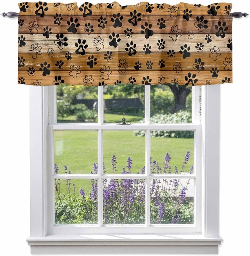 Yellow Brown Valances for Windows, Short Curtains for Kitchen/Bathroom, Farmhouse Dog Paw Vintage Rod Pocket Window Treatment for Living Room/Doorway/Bedroom/Cafe Decor Panel 56"x16" - Image 1