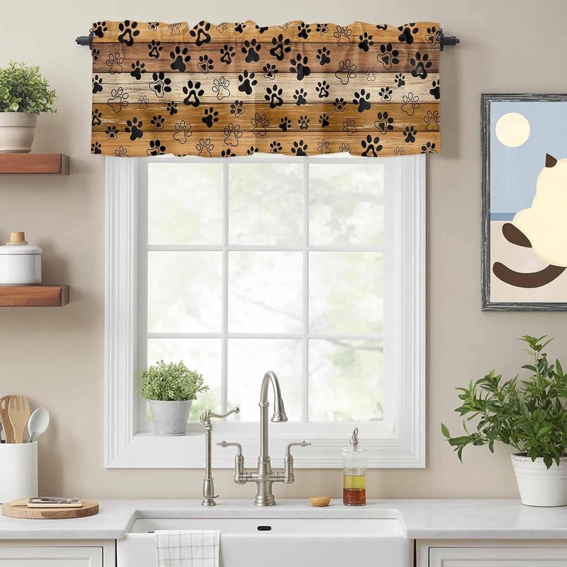 Yellow Brown Valances for Windows, Short Curtains for Kitchen/Bathroom, Farmhouse Dog Paw Vintage Rod Pocket Window Treatment for Living Room/Doorway/Bedroom/Cafe Decor Panel 56"x16" - Image 2