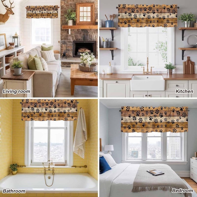 Yellow Brown Valances for Windows, Short Curtains for Kitchen/Bathroom, Farmhouse Dog Paw Vintage Rod Pocket Window Treatment for Living Room/Doorway/Bedroom/Cafe Decor Panel 56"x16" - Image 5