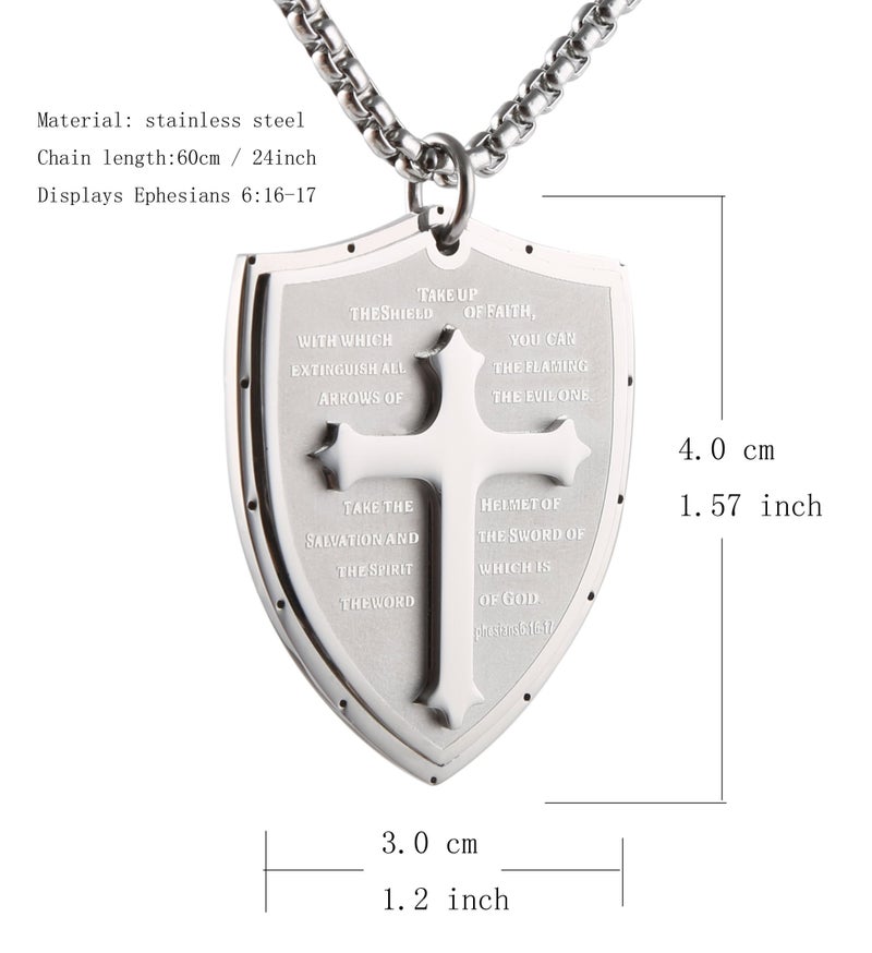 HZMAN Shield Armor of God Ephesians 6:16-17 Faith (Cross) Stainless Steel Pendant Necklace (Silver) - Image 5