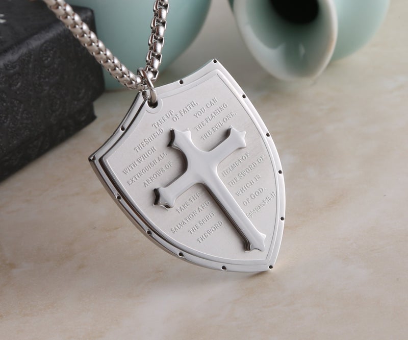 HZMAN Shield Armor of God Ephesians 6:16-17 Faith (Cross) Stainless Steel Pendant Necklace (Silver) - Image 3