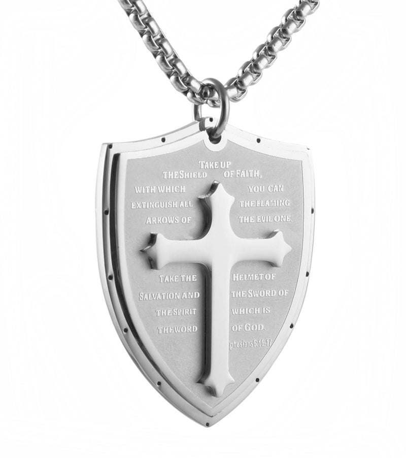 HZMAN Shield Armor of God Ephesians 6:16-17 Faith (Cross) Stainless Steel Pendant Necklace (Silver) - Image 1