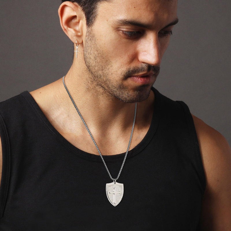 HZMAN Shield Armor of God Ephesians 6:16-17 Faith (Cross) Stainless Steel Pendant Necklace (Silver) - Image 2