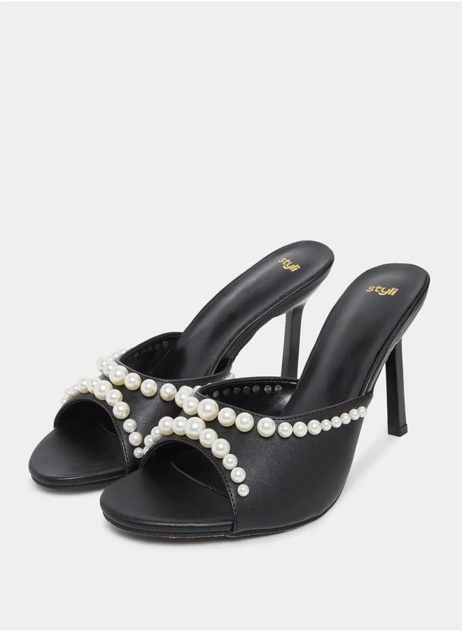 Styli Faux Pearl Embellished Stiletto Heel Sandals