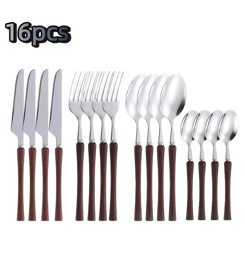 16 Piece Stainless Steel Cutlery Set With Wood Handles Dishwasher Safe - Image 4
