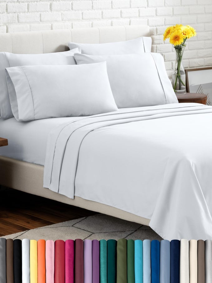 HOTEL LUXURY FULL SHEET SET EXTRA SOFT 6 PIECE SET DEEP POCKETS EASY FIT COOLING BREATHABLE WRINKLE FADE STAIN RESISTANT INCLUDES 4 PILLOWCASES FULL WHITE