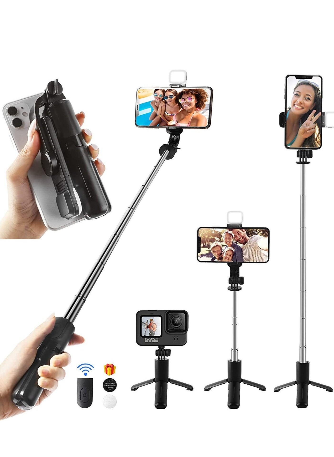Mini Selfie Stick Tripod, Extendable 3 in 1 Selfie Stick Tripod with Remote, Phone Tripod with 3 Light Modes, 6 Brightness Levels, Selfie Stick for iPhone 12/11/11 Pro/XS/XR/X/8/7/6/5 Smartphones