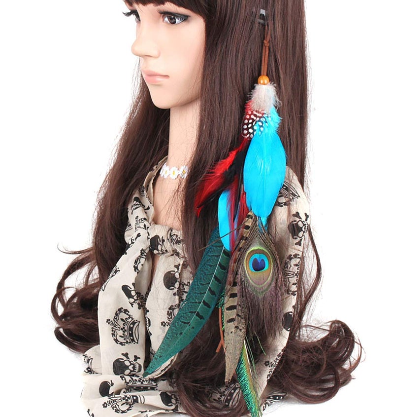 Fodattm Handmade Peacock Feather Hippie Hair Extension Headband Bohemia Feather Hair Clips Comb with Bead Women Hairpin Headdress DIY Accessories