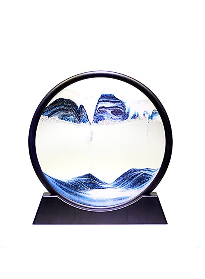 Moving Sand Art Picture Round Glass 3D Deep Sea Sandscape In Motion Display Flowing Sand Frame Sand Painting-Blue (7 Inch) - Image 1