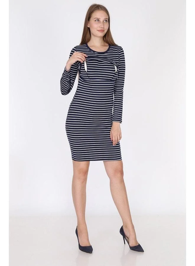 LuvmaBelly 5751 - Navy Blue Striped Long Sleeve Nursing Dress