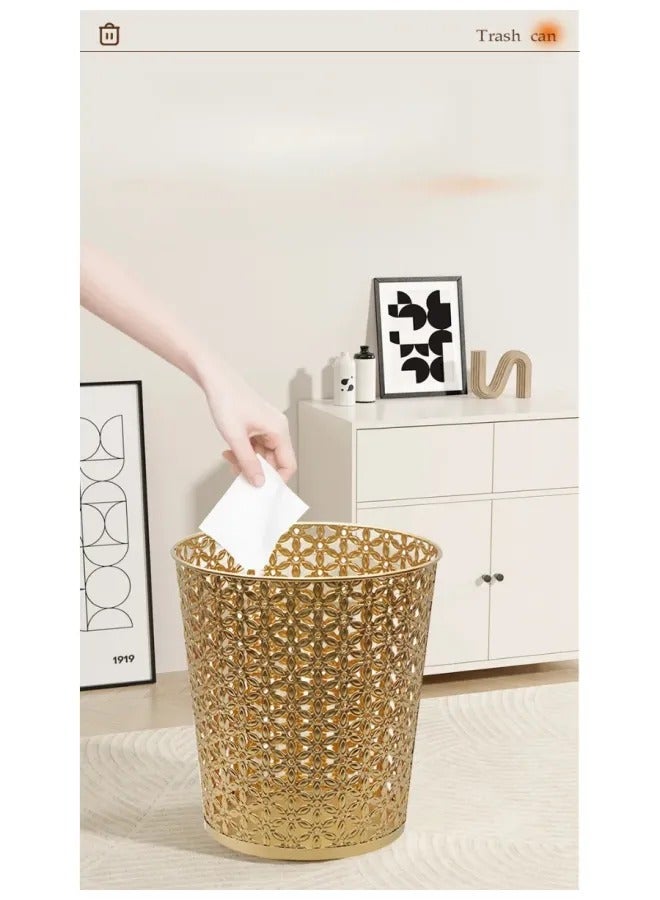 Light Luxury Hollow Metal Trash Can, Thickened Electroplated Iron Waste Bin, Open Top Decorative Waste Basket For Bedroom Office Kitchen Hotel - Image 1