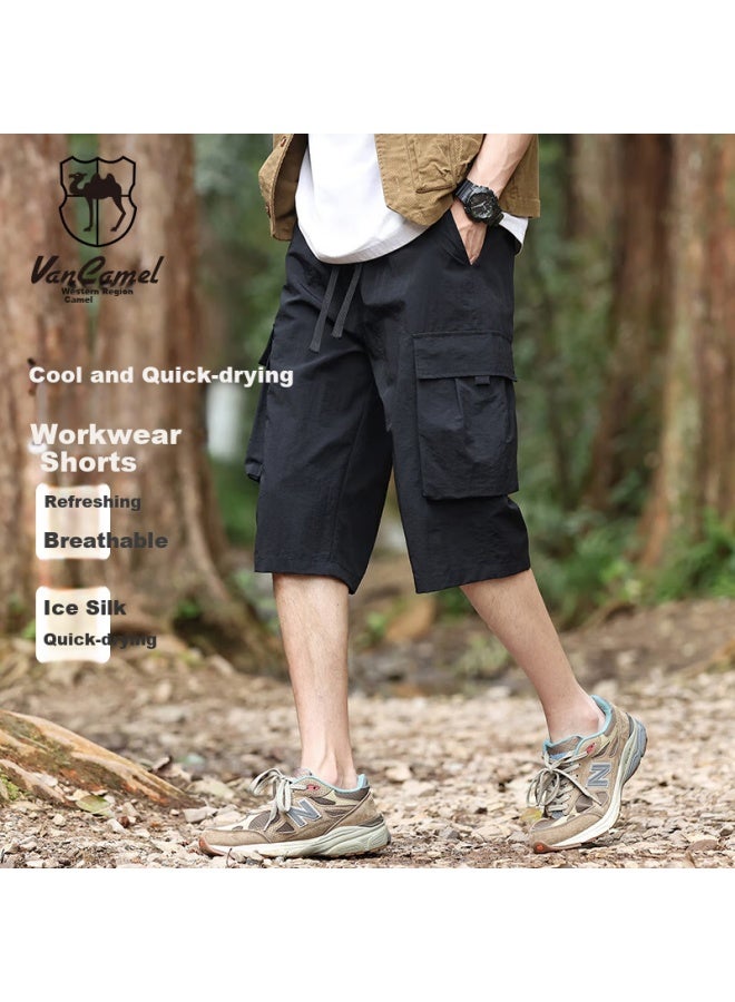 Vancamel Men's Summer Thin Ice Silk Quick-drying Seven-point Outdoor Loose Breathable Sports Shorts Black 2XL - Image 1