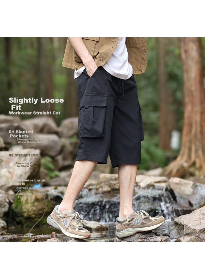 Vancamel Men's Summer Thin Ice Silk Quick-drying Seven-point Outdoor Loose Breathable Sports Shorts Black 2XL - Image 2