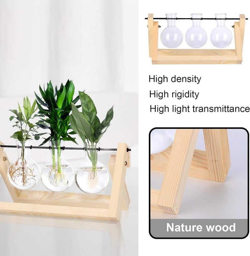JERN Glass Desktop Planter with Retro Wooden Stand and Plant Terrarium vase for Indoor Office Desk Decor Accessories (Light Brown, 3 Bulb Vase) - Image 4