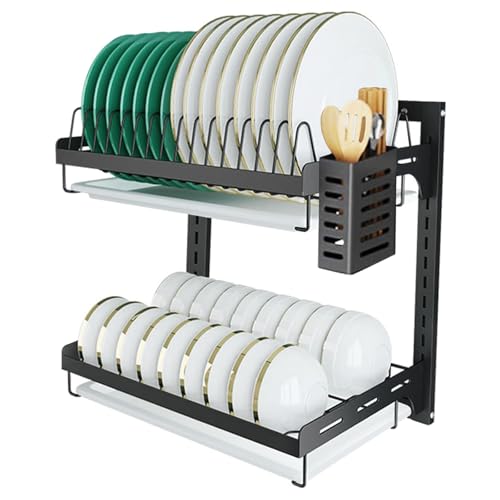 USHARP Hanging Dish Drying Rack Wall Mounted Dish Rack Kitchen 2 Tier Plate Organizer Wall Mount Stainless Steel Dish Drainer Storage Shelf with Drainboard Cutlery Holder Black Ajustable Height 16 - Image 1