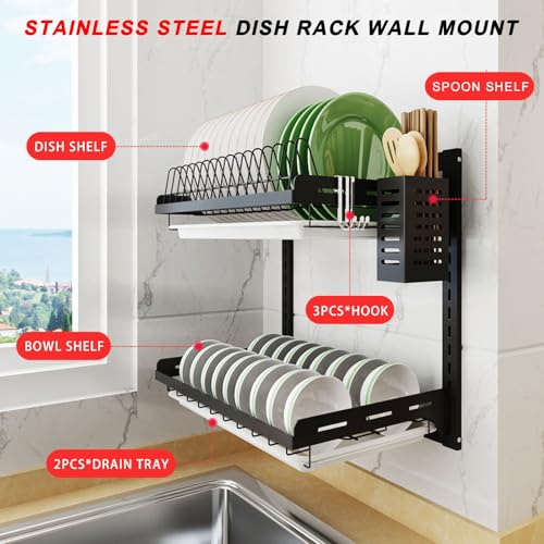 USHARP Hanging Dish Drying Rack Wall Mounted Dish Rack Kitchen 2 Tier Plate Organizer Wall Mount Stainless Steel Dish Drainer Storage Shelf with Drainboard Cutlery Holder Black Ajustable Height 16 - Image 3