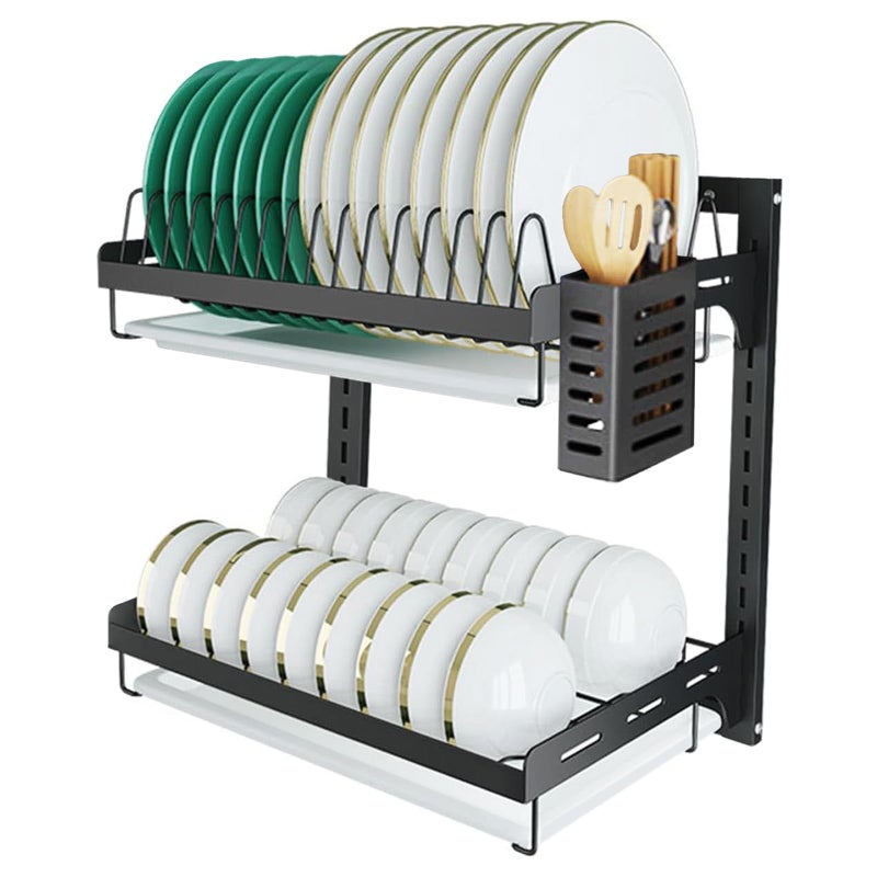USHARP Hanging Dish Drying Rack Wall Mounted Dish Rack Kitchen 2 Tier Plate Organizer Wall Mount Stainless Steel Dish Drainer Storage Shelf with Drainboard Cutlery Holder Black Ajustable Height 16 - Image 2