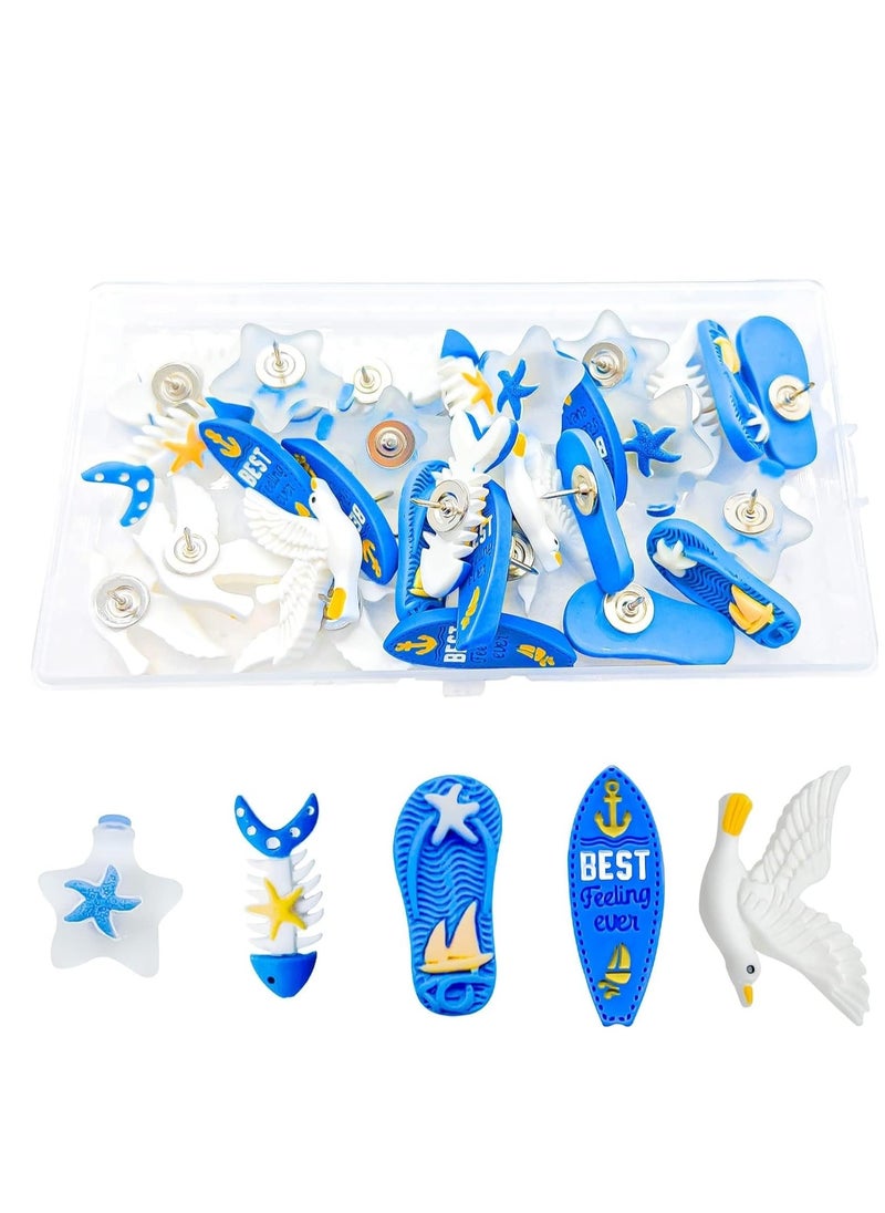 Excefore 30 Pcs Decorative Push Pins for Cork Board Cute Ocean Theme Thumb Tacks Wall Bulletin Seagull, Starfish, Fish, Boat Resin Metal Photos Maps Office or Home Decoration  - Image 1