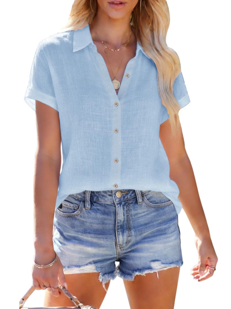 Aoudery Linen Shirts for Women Short Sleeve Button Down Shirts Casual Solid Blouse Vacation Beach Summer Tops Concert Outfit - Blue S - Image 1