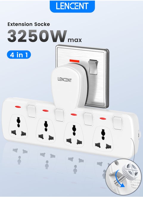 Electrical Connection, Multi Plug Extension Socket, 4 Way Electrical Outlet Extender, Power Extension, Universal Plug Adapter, Charging Station for Home, Office, Kitchen, Separate Switch