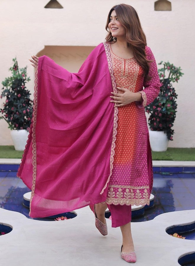 Libas Womens Printed Silk Blend Straight Kurta With Trousers and Dupatta - Image 2