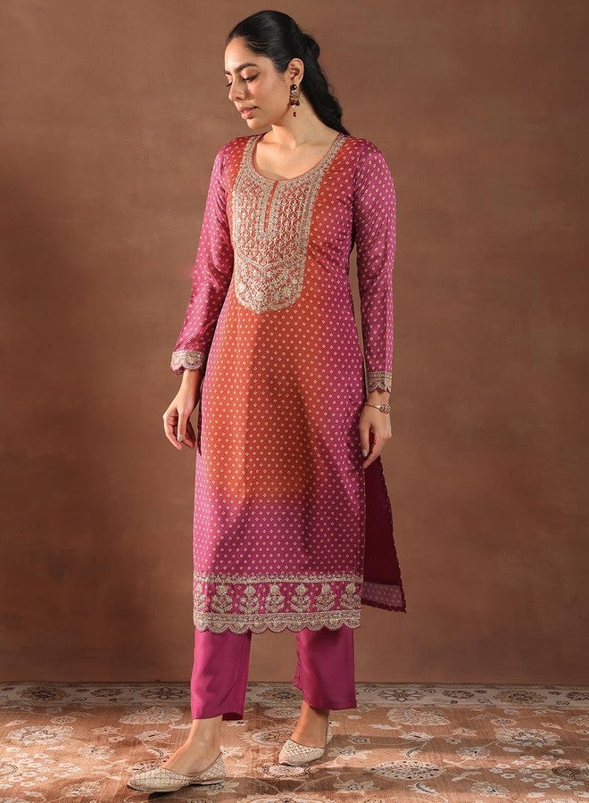 Libas Womens Printed Silk Blend Straight Kurta With Trousers and Dupatta - Image 4