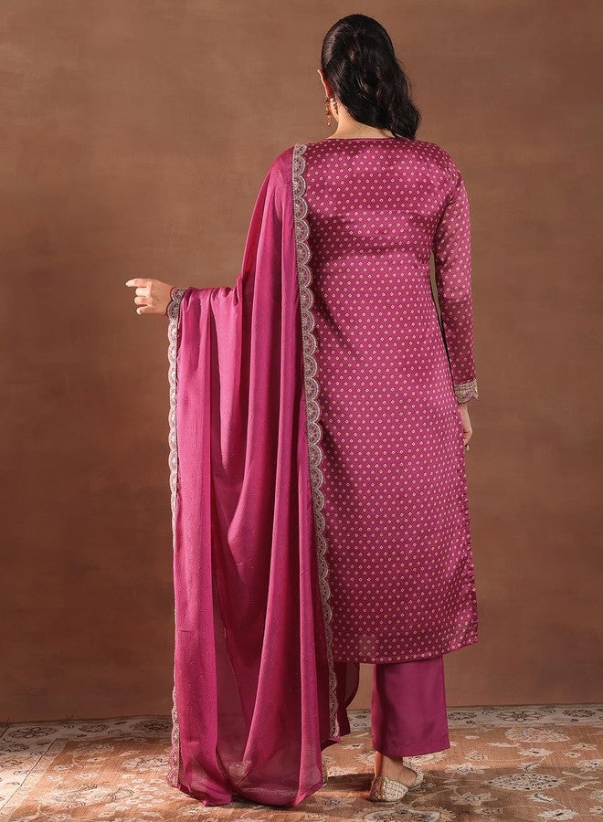 Libas Womens Printed Silk Blend Straight Kurta With Trousers and Dupatta - Image 5