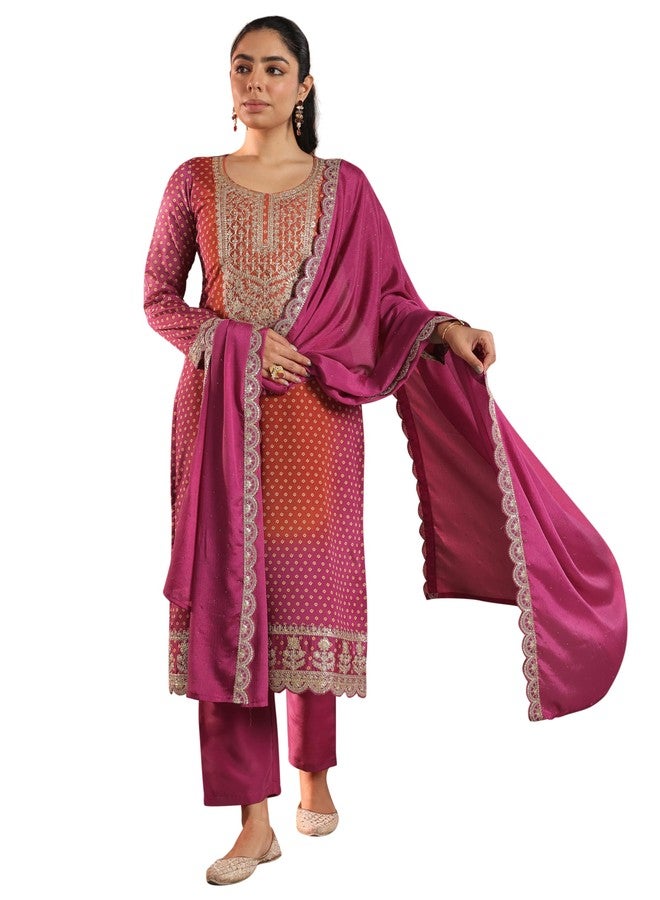 Libas Womens Printed Silk Blend Straight Kurta With Trousers and Dupatta - Image 1