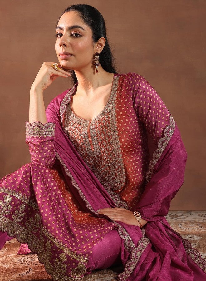 Libas Womens Printed Silk Blend Straight Kurta With Trousers and Dupatta - Image 3