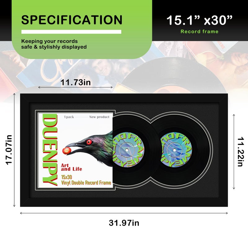 DUENPY Vinyl Record Display Frame 15.1x30 Inches Display Record Album and 12.5x12.5 Album Cover Art Wall Mount Double Black Mat - Image 3