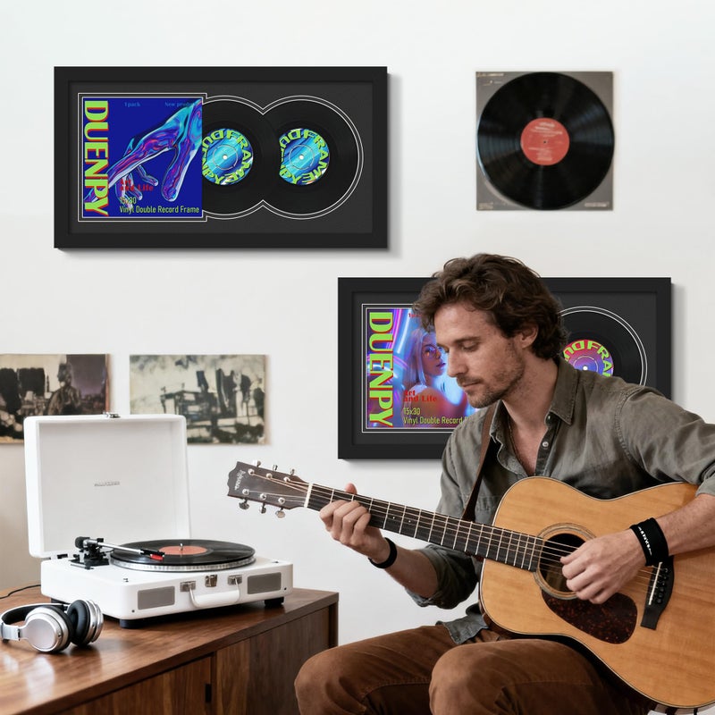 DUENPY Vinyl Record Display Frame 15.1x30 Inches Display Record Album and 12.5x12.5 Album Cover Art Wall Mount Double Black Mat - Image 2