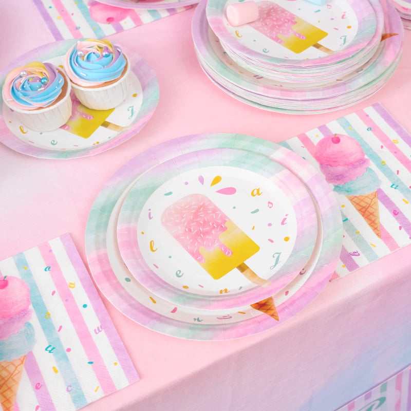 WERNNSAI Ice Cream Plates and Napkins - Ice Cream and Popsicle Theme Party Supplies for Girls Birthday Disposable Tableware Dessert Plates Luncheon Napkins Serves 16 Guests 48PCS - Image 4