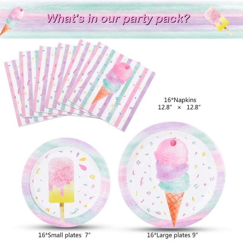 WERNNSAI Ice Cream Plates and Napkins - Ice Cream and Popsicle Theme Party Supplies for Girls Birthday Disposable Tableware Dessert Plates Luncheon Napkins Serves 16 Guests 48PCS - Image 2