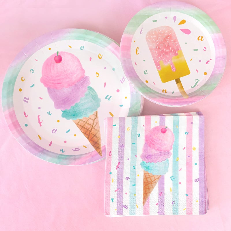 WERNNSAI Ice Cream Plates and Napkins - Ice Cream and Popsicle Theme Party Supplies for Girls Birthday Disposable Tableware Dessert Plates Luncheon Napkins Serves 16 Guests 48PCS - Image 3